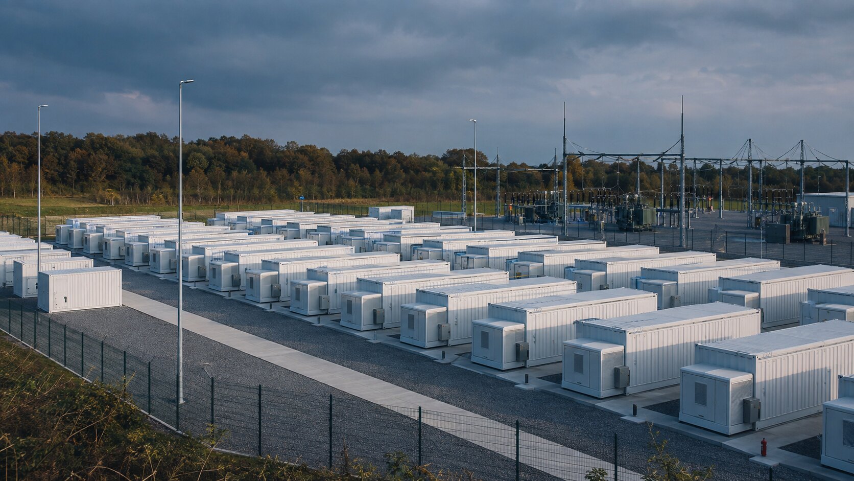 großer batteriespeicher mit containern und umspannwerk