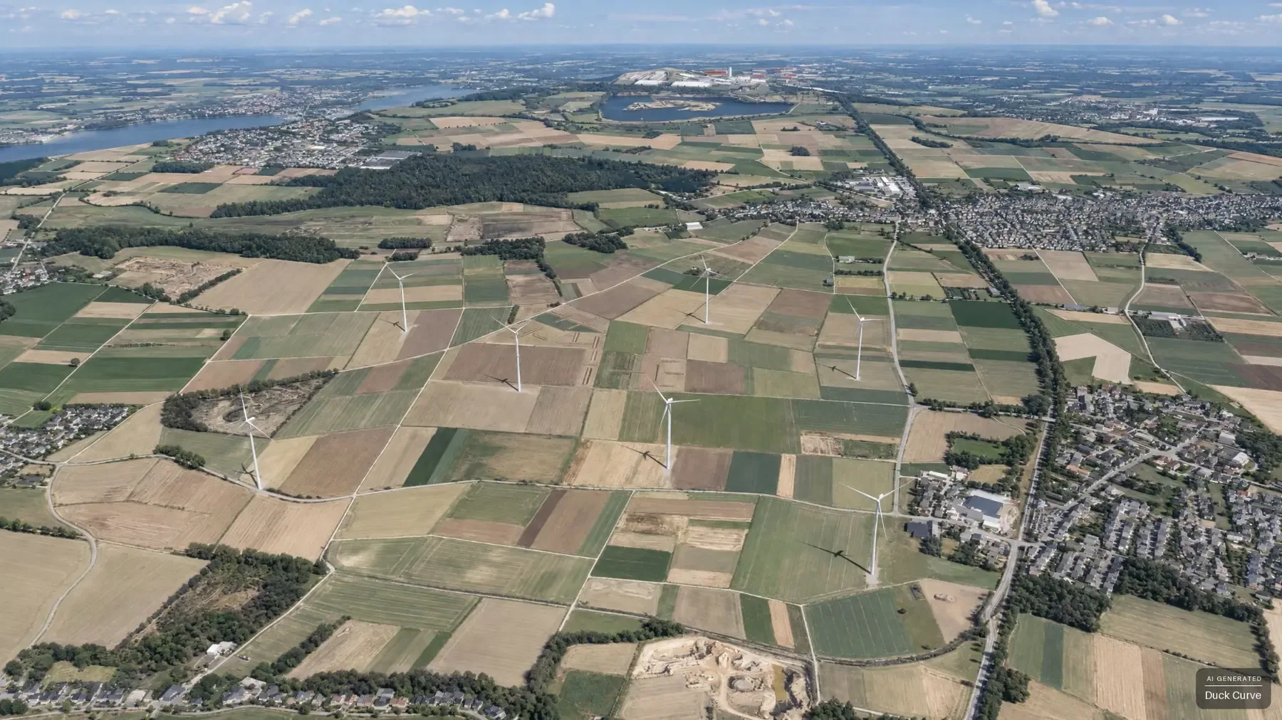 KI-darstellung des geplanten windparks aus der luft mit sieben anlagen in der feldflur