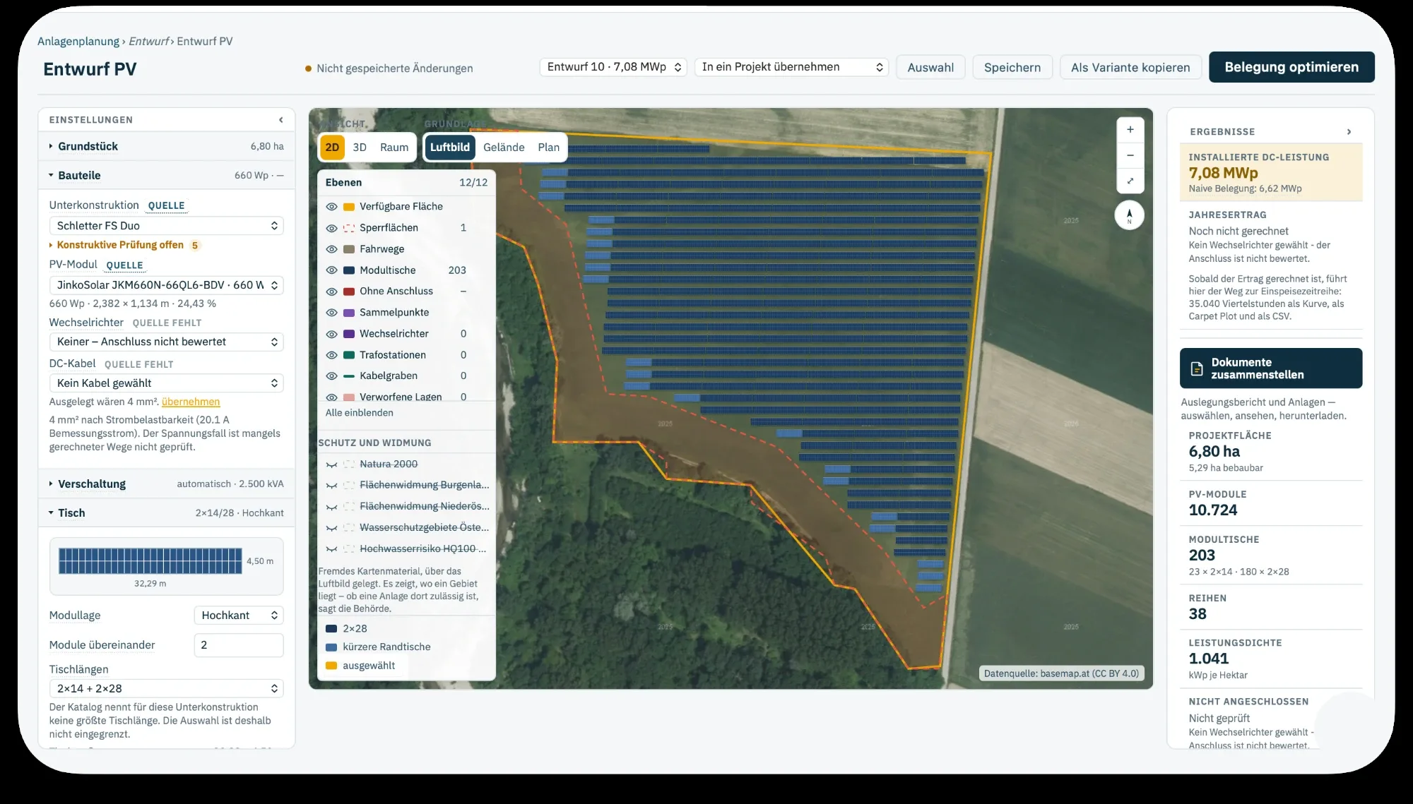 entwurf einer freiflächenanlage in ready-to-connect layout mit einstellungen, luftbild mit modultischen und ergebnissen