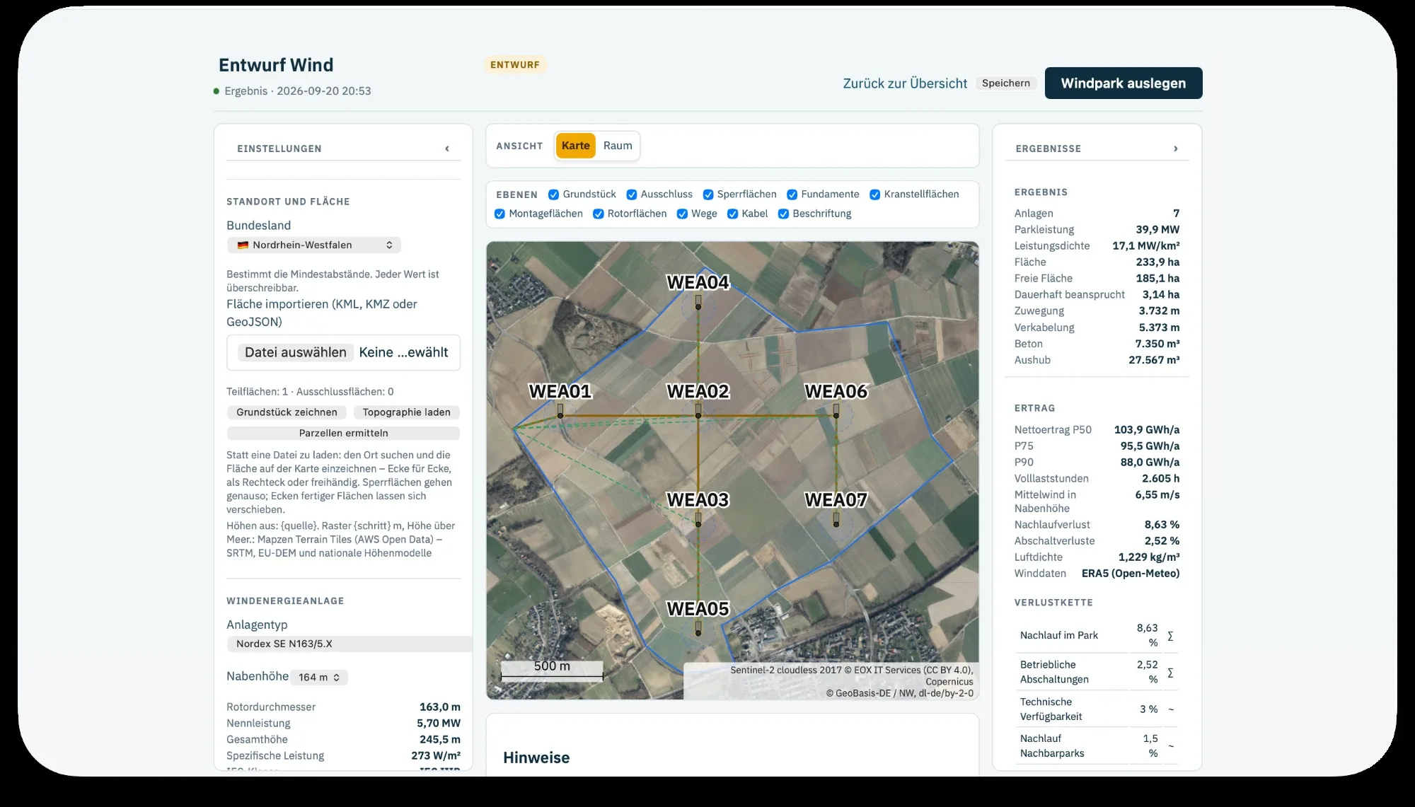 entwurf eines windparks in ready-to-connect layout mit anlagentyp, luftbild mit sieben anlagen, wegen und kabeln sowie ertrag als P50, P75 und P90